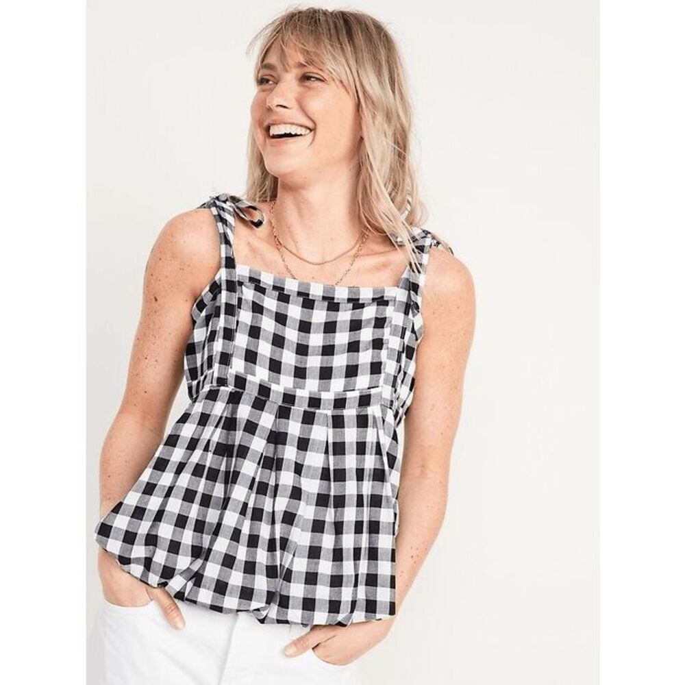 Old Navy Women's Gingham Tie-Shoulder Babydoll Tank Top - Black Gingham XL